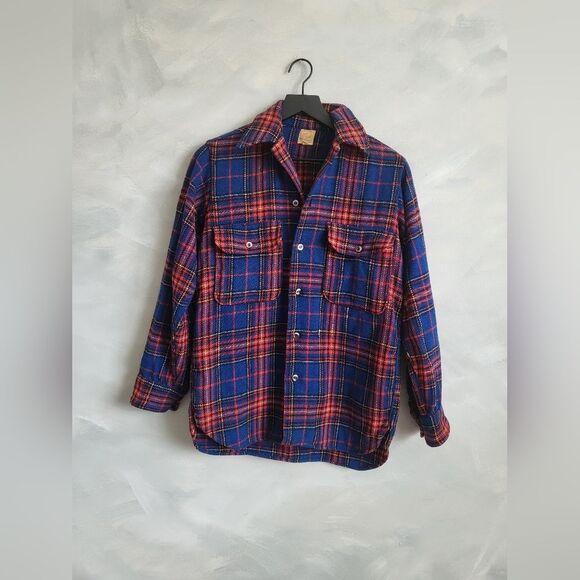1950s Great Western All Wool Plaid Button Up Long Sleeve Shirt Size 14.5 FLAWS - Picture 1 of 14
